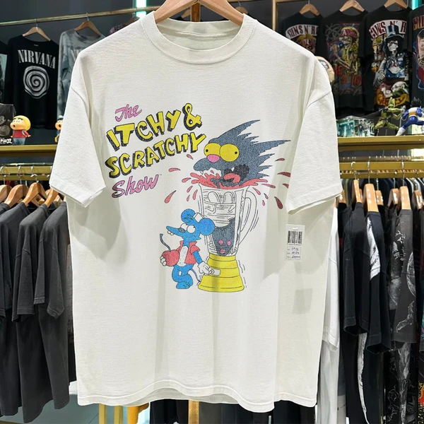 T-shirt de 1994 ITCHY & SCRATCHY "THE MEAT GRINDER" VINTAGE WASHED WHITE T-SHIRT