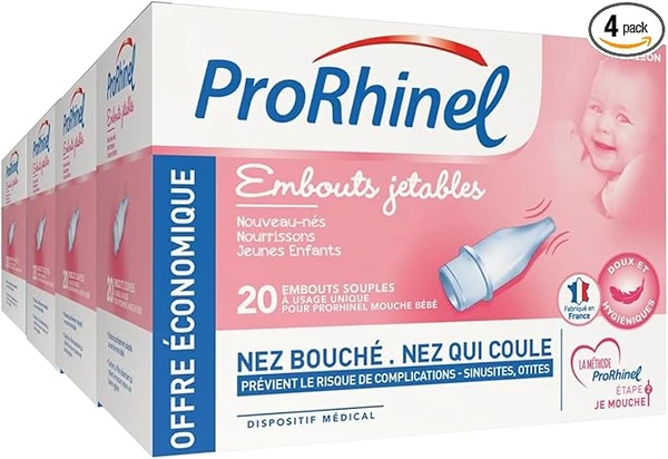 PRORHINEL Embouts Jetables Mouche pour Bébé, pour Nez Bouché, Fabriqué en France, 20 Embouts Souples - Lot de 4