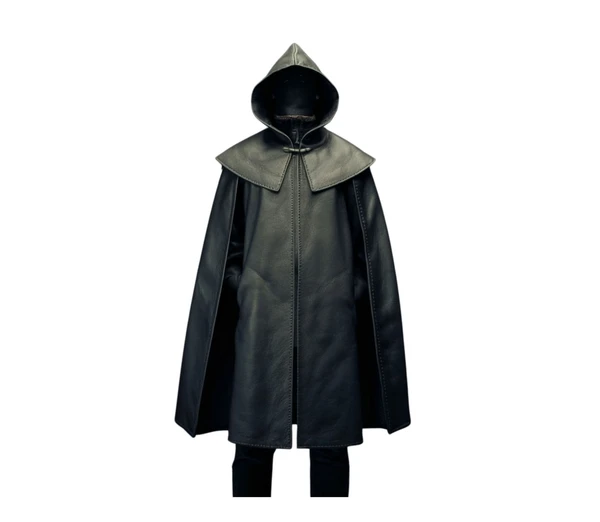 The Cloak of Silence - Medieval Black Leather Ritual Hooded Cloak - Handmade Viking Cosplay Winter Cloak - For Druid, Sorcerer, Mage, Conjurer, Cleric, Priest