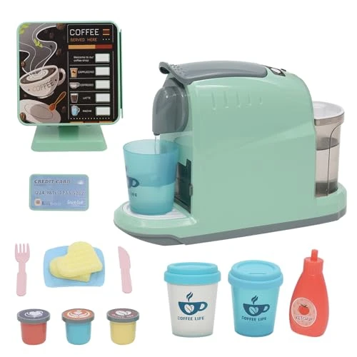 Machine à Café Jouet Enfant &amp; Caisse Enregistreuse Jouet Enfant, Magasin Enfant, Ensemble de Jouets à Cafetière Jouet, Faux Aliments Jouet Enfant, Jeux de Rôle Enfant-Marchande（Vert）