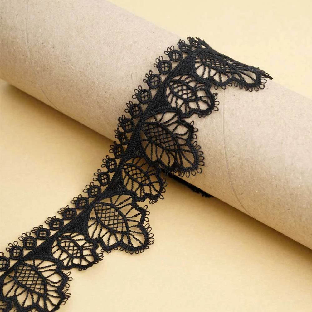 Ruban guipure noir à motif feuilles | Pour couture de customisation