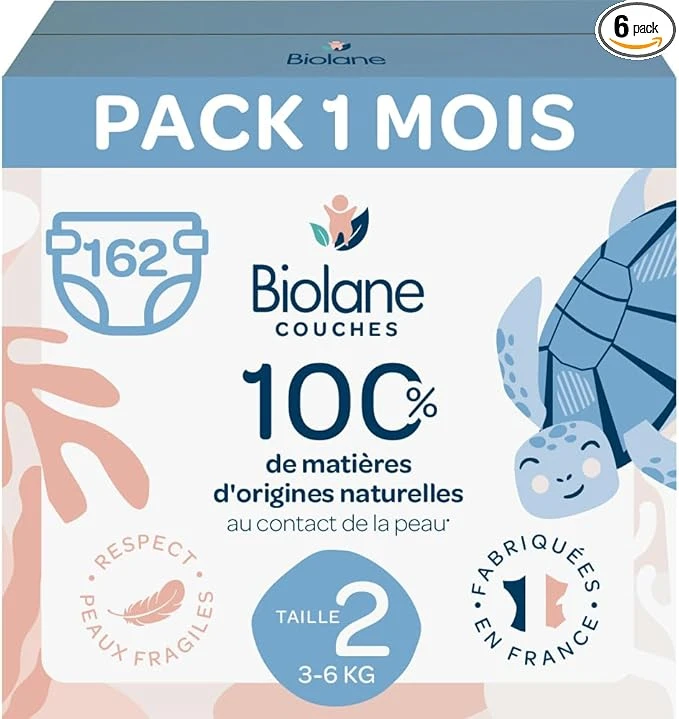 BIOLANE - Couches Taille 2 - (3-6 kg) - Peaux Sensibles - Ultra-Absorbant, Pas de Fuite, 12h au Sec - Pack 1 mois 162 couches - Fabriqué en France