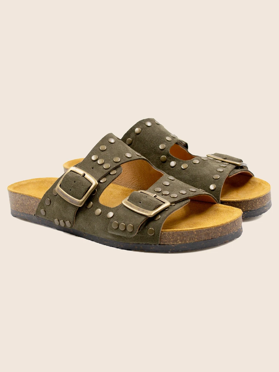 Mules en liège femme cuir kaki cloutées - JULES & JENN