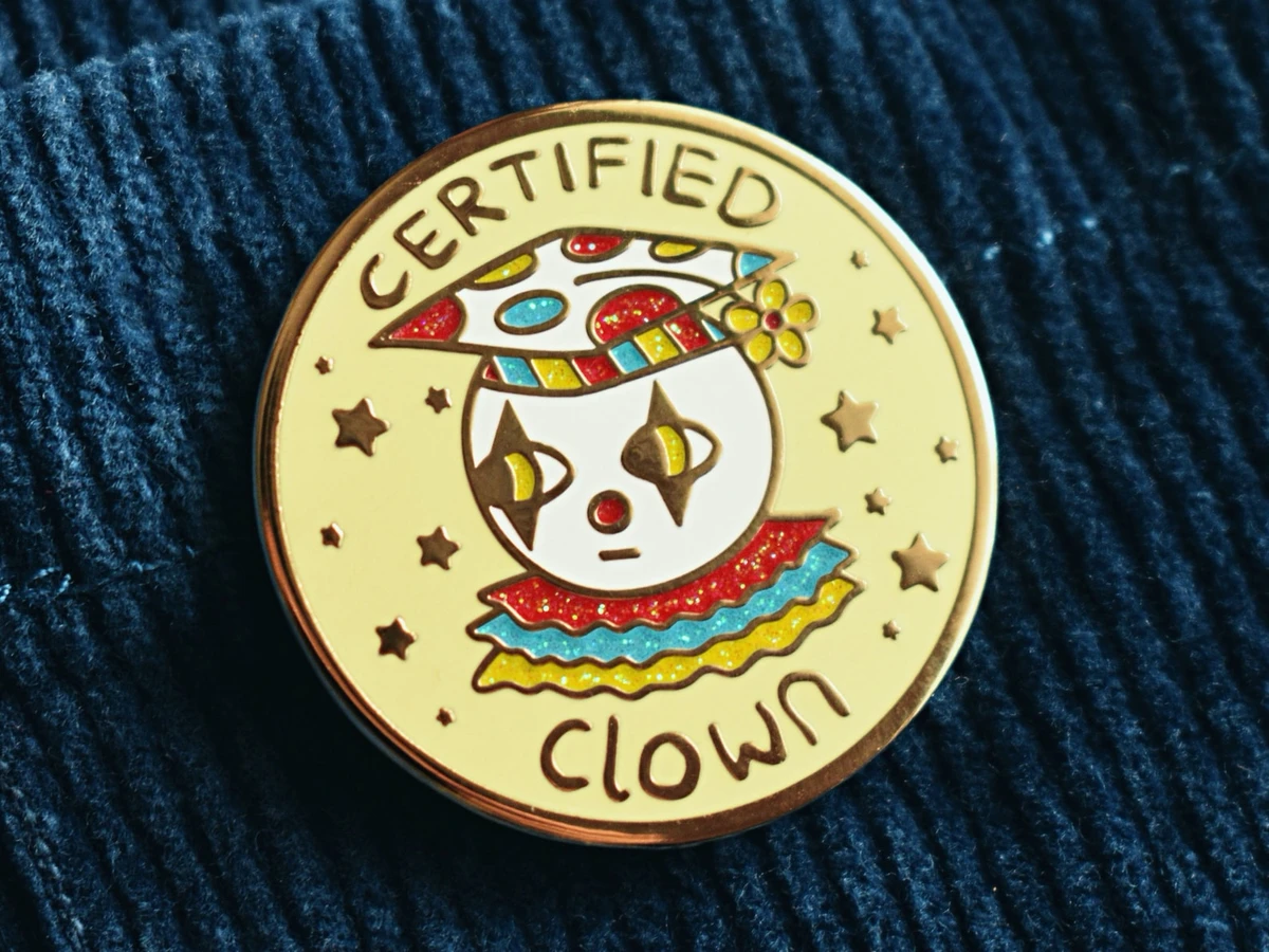 Certified Clown Glittery Enamel Pin Badge - Golden Metal