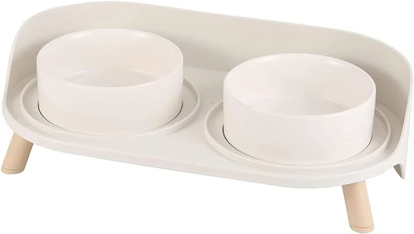 Lot de 2 gamelles surélevées pour chat avec support antidérapant - Gamelles surélevées pour petits chiens - Double gamelle en céramique avec protection anti-éclaboussures - 2 gamelles hautes pour chat