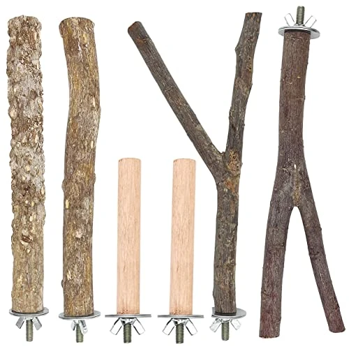 Lot de 6 perchoirs à Oiseaux Cage à Oiseaux Jouets en Bois Naturel Branche Debout Plateforme de Jeu pour Petites et Moyennes perruches aras pinsons calopsittes perruches Conures Accessoires pour Cage
