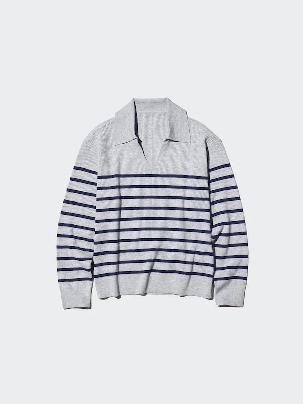 Pull col polo en maille côtelée (Lavable en machine, Rayé) pour Femme | UNIQLO FR
