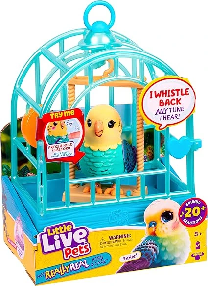 Little Live Pets - Indie, Oiseau interactif réaliste, 20+ Sons et réactions, Cage 25 cm, Bird 10,9 cm, Il enregistre et répète ce Que tu dis, Transporte et Expose Ton Bird