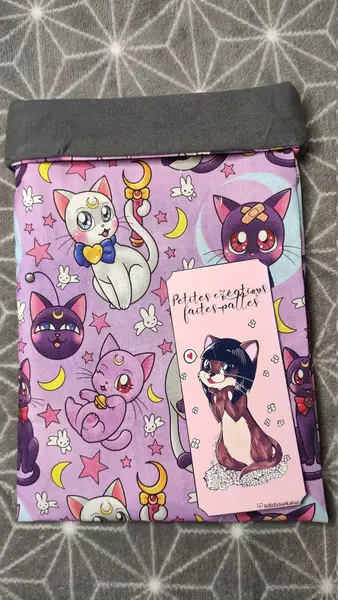 Booksleeve, book pouch, book pouch, kawaii fabric, cat, cat, kitten, manga, couture, handmade, handmade, gift, handmade gift
