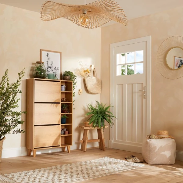 Meuble à chaussures 3 abattants 6 étagères LANNOVA Imitation chêne naturel