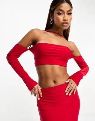 Public Desire - Crop top d'ensemble à bretelles style Bardot - Rouge