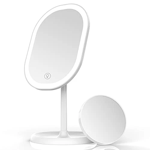 Aidodo Miroir à Maquillage LED, Miroir Grossissant 10X Détachable, Réglage d’Éclairage Smart und Recharge USB, Miroir de Table Pliable à 180 °, Cadeau Parfait pour Un Ami