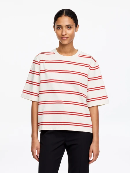 T-shirt coupe carrée ALBA – Rouge/Écru – Femme – ARKET FR