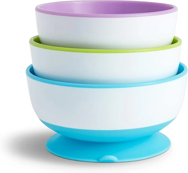 Munchkin Lot de Bols Enfant avec Ventouse Stay Put, Bols d’Apprentissage, Assiette pour Bébé dès 6 mois, Vaisselle sans BPA, 1er Repas, Compatible Micro-Ondes/Lave-Vaisselle - Pack de 3