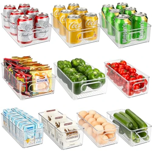 ROYOUZI 10Pcs Rangement Frigo, Lot De 10 Organisateur Frigo Transparent, Boite Organisation avec Poignée &amp; Couvercle, Boîte de Bac Rangement Frigo Pour Cuisines, Placards