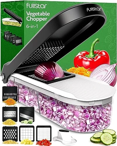 Coupe Legumes Multifonctions et Mandoline Professionnelle Cuisine - Trancheur de Légumes - Decoupe Legumes Cube Oignon Carotte Concombre Tomates - Rapeuse Legume et Fromage (Compact 6-en-1 Blanc)