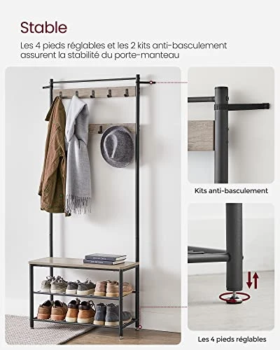VASAGLE Porte-Manteau avec Étagère à Chaussures, Meuble d’Entrée avec Banc, 3-en-1, Cadre en Acier, pour Entrée, Couloir, 32 x 70 x 175 cm, Style Industriel, Grège et Noir HSR41MB