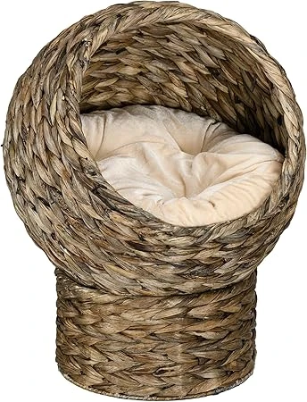 PawHut Panier Chat lit surélevé Chat Cosy Niche Grotte à Chat Grand Confort dim. 42L x 33l x 52H cm Coussin Moelleux Beige Inclus