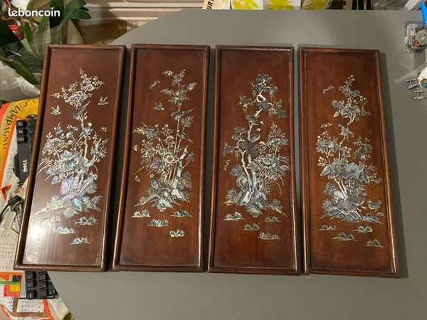 Série lot 4 panneau tableau bois incrustation nacre chine? Japon? Asie oiseaux