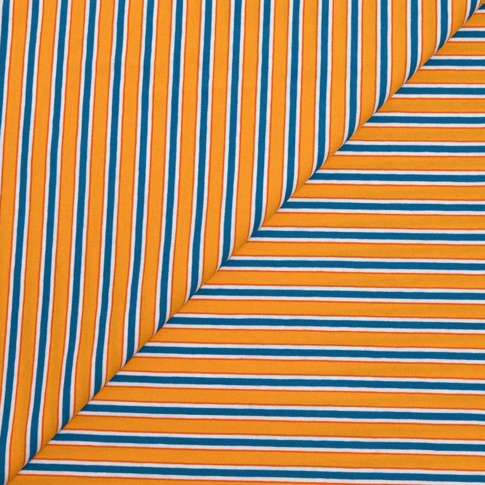 Jersey de coton rayures bleues et orange fond jaune soleil