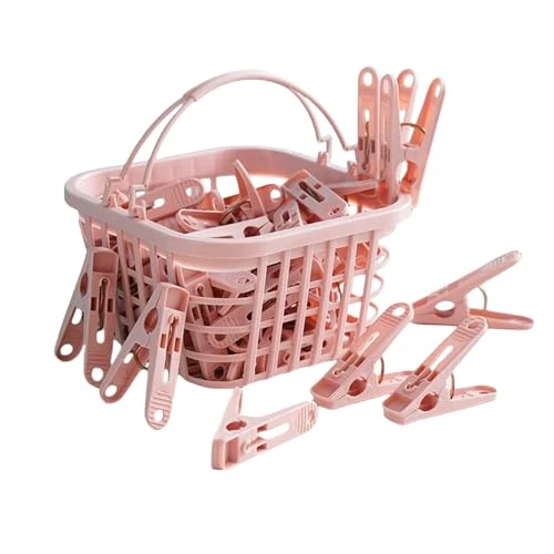 Lot de 30 Pinces à Linge Rose， avec Panier de Rangement, Pinces Antigel pour Corde à Linge et Étendoir ，Accessoire Ménager Pratique