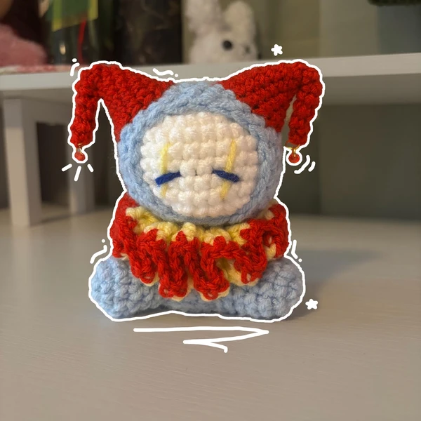 Handmade Crochet Jester Plushie – Whimsical Amigurumi Clown Doll in Primary Colors