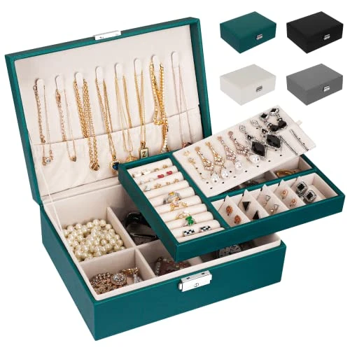 LUZOON Boîte à Bijoux pour Femme en Cuir Deux Etages Coffret de Rangement Bijoux pour Ranger Bagues/Boucles d'oreilles/Colliers (Vert)
