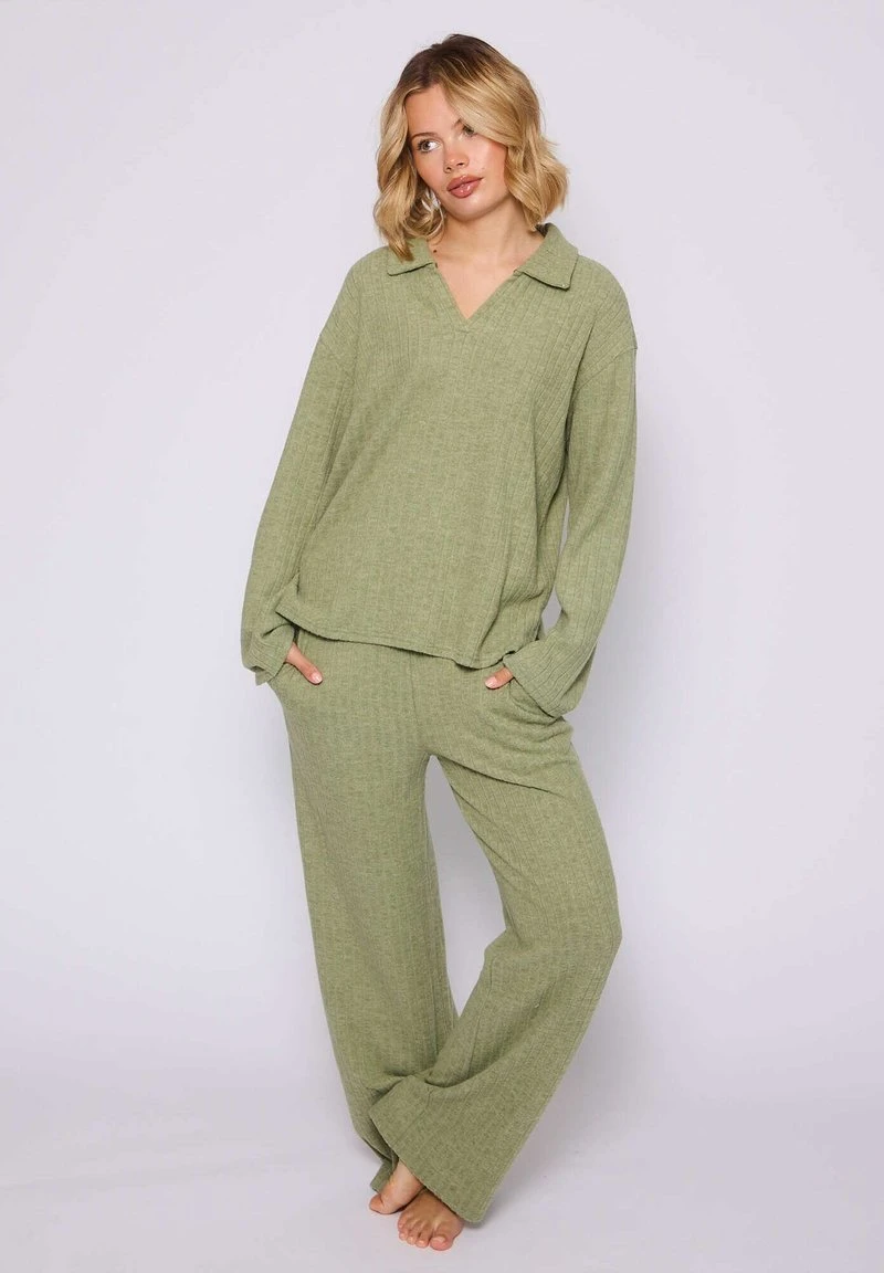 Loungeable COLLARED LONG SLEEVE AND FOLD OVER SET - Pyjama - khaki/kaki - ZALANDO.FR