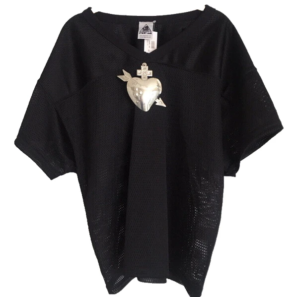 Ivory Jar Black Mesh Jersey Shirt Size Medium Silver Heart Womens V-Neck New