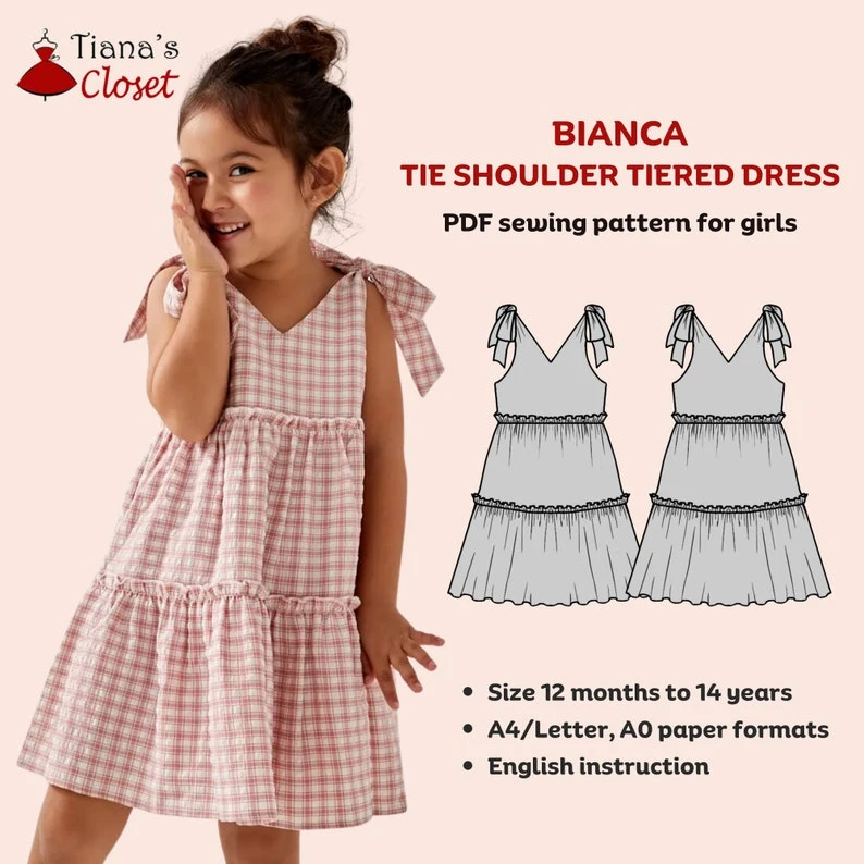Bianca Girls' Tiered Tie Shoulder Dress Sewing Pattern (Instant Download PDF, sizes 12 months to 14 years)