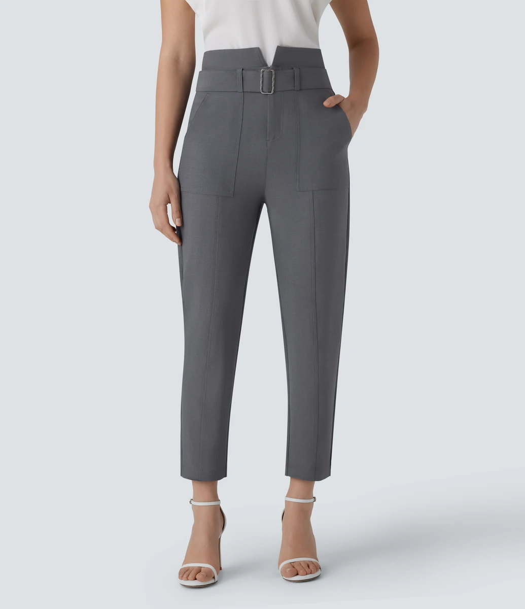 Pantalon décontracté taille semi-haute avec bouton, fermeture éclair, ceinture et poches multiples