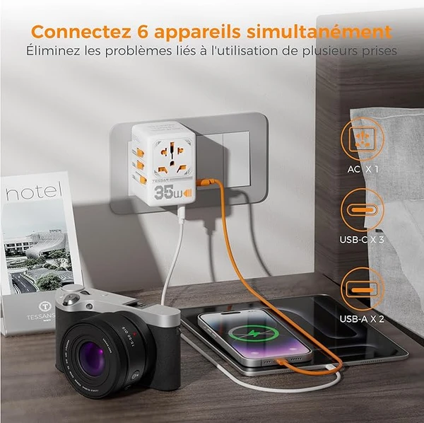 TESSAN Adaptateur Prise Universelle, Prise Internationale de Voyage avec 2 USB C et 2 USB A, Adaptateur Voyage Universel pour USA Anglaise Bresil Australie Canada Japon Italie Chine Suisse