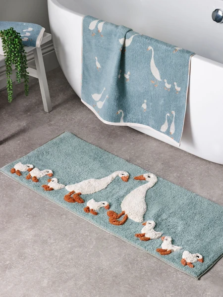Teal Blue Goose And Friends 100% Cotton Runner Bath Mat