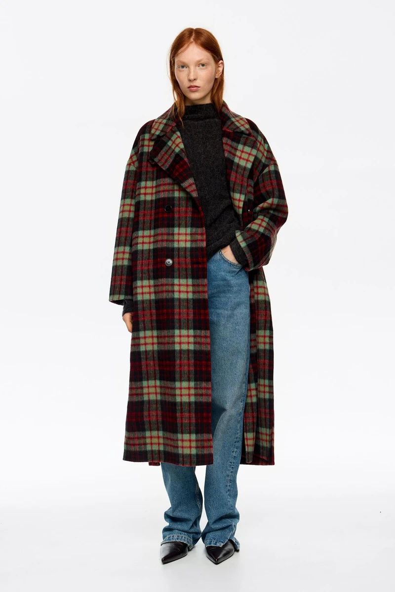 Manteau tailleur long double face carreaux rouge