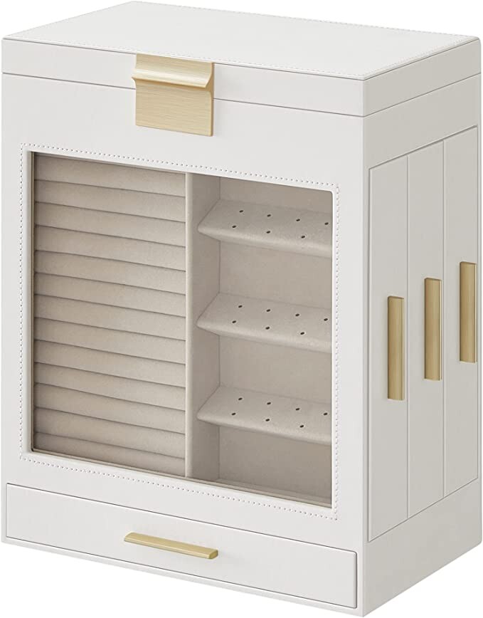SONGMICS Boîte à Bijoux, Écrin à Accessoires 5 niveaux, Fenêtre en Verre, Tiroirs Latéraux, Rangement Vertical, Grand Miroir, Bijoux, Moderne, Blanc Nuage JBC162W01 : Amazon.fr: Mode