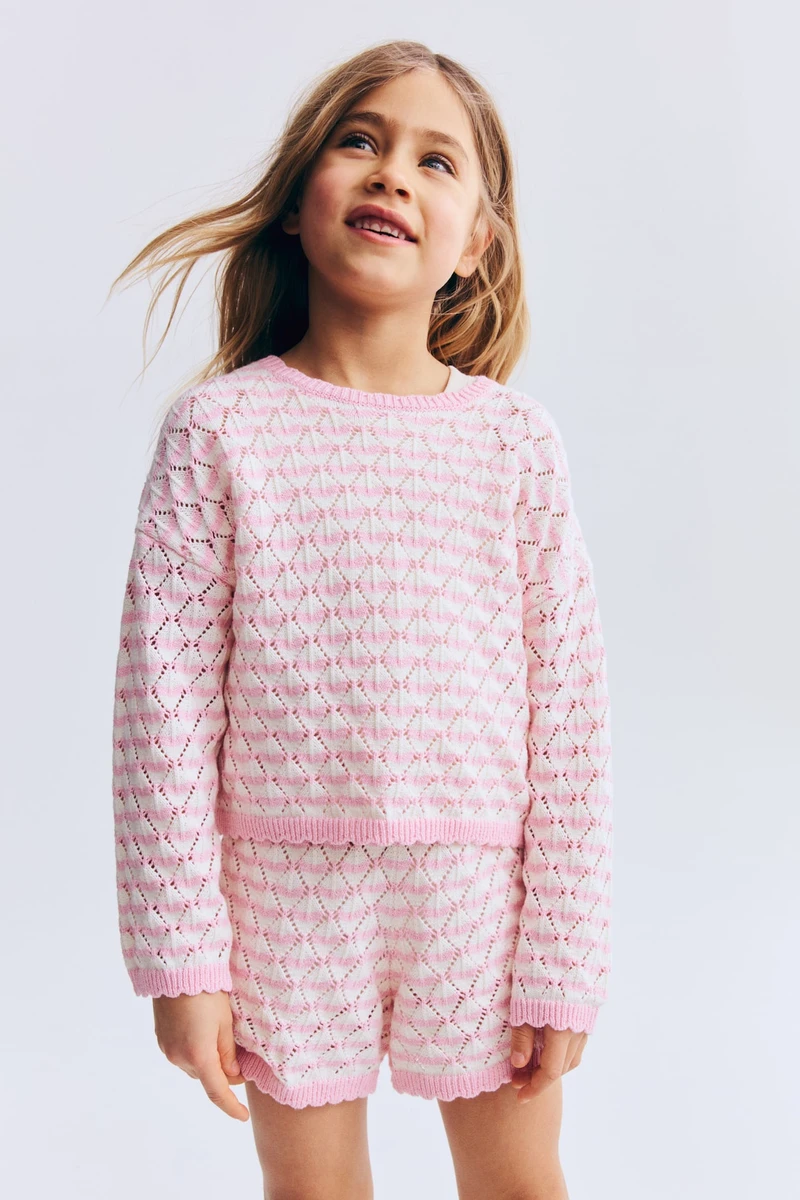 Ensemble 2 pièces en maille pointelle - Rose clair/rayé - ENFANT | H&M FR