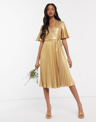 TFNC - Robe cache-cœur mi-longue plissée - Doré | ASOS