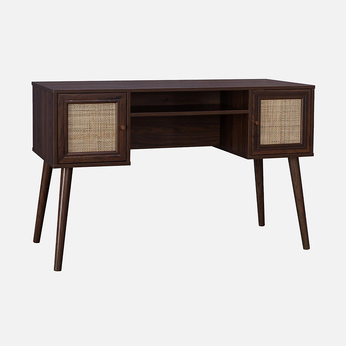 Bureau cannage et décor bois foncé avec 2 portes. 1 casier ouvert. pieds compas
