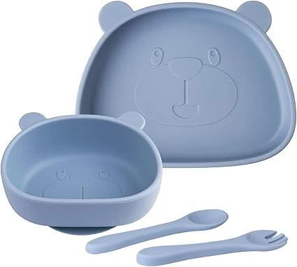 Set Vaisselle pour Bébé Silicone avec Ventouse, 4 Pièces, Set Repas pour Enfants, Inclus Anti-dérapant Assiette, Bol, Cuillère + fourche, Compatible Lave-vaisselle, Micro-onde, sans BPA