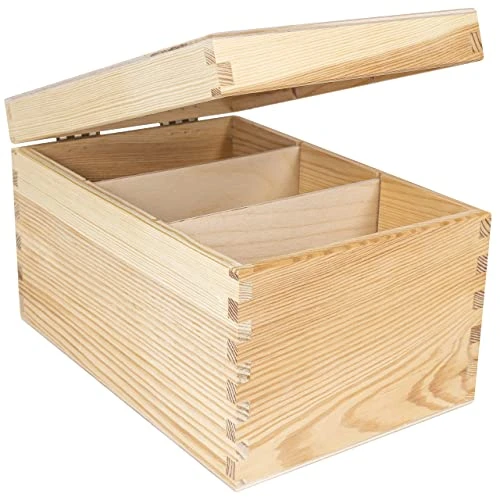 Creative Deco Boite Rangement en Bois pour CD et DVD | 16 x 24 x 14 cm | 3 Compartiments | avec Couvercle et Sans Poignées | Non-Peint et Non-Fini | Boîte Organiseur Bureau Coffre Malle Noël