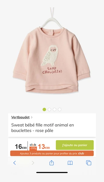 Sweat bébé fille motif animal en bouclette rose pâle - 9 mois