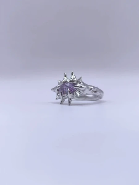 Ring handmade of tin with cubic zirconia stone spiked soft soldering avantgarde brutalism jewellery