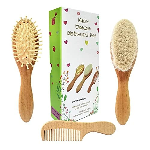 Molylove 3 pièce brosse à cheveux de bébé en bois et ensemble peigne | poils de chèvre naturel brosse | brosse à poils de bois pour nouveau-nés, bébés, tout-petits et jeunes enfants.