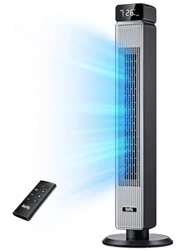 Ezify Ventilateur Colonne Silencieux, 7,3 m/s Ventilation Puissante &amp; Mode Nuit 30 dB, Oscillation 90°, 6 Vitesses, Minuterie 12H, Ventilateur avec Télécommande pour Chambre ou Bureau