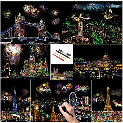 SiYear Scratch Paper Rainbow Painting Sketch, City Series Night Scene, Scratch Painting Creative Gift, Scratchboard pour Adultes et Enfants avec 4 Outils