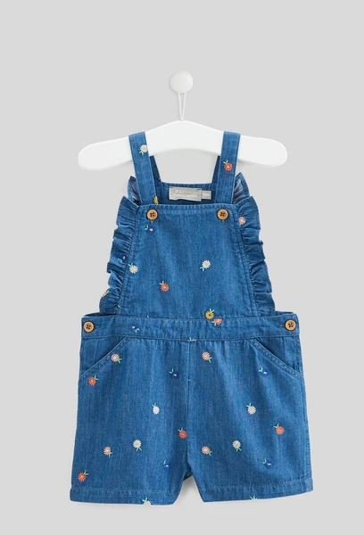 Salopette courte brodée en coton BIO GOTS BLEU FONCE pour bébé BOUT'CHOU