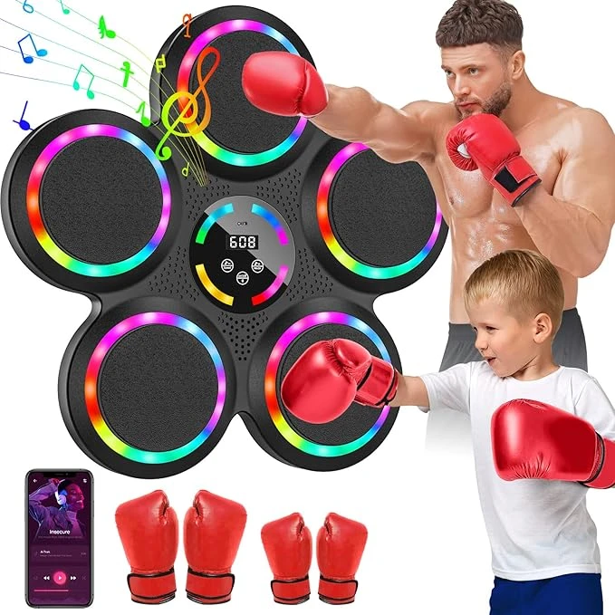 Machine de Boxe Musicale, 2025 Nouvelle LED Boxe Mural Musique avec Gants de Boxe, Mode Bluetooth, 9 Modes de Vitesse et d'entraînement, Mode de Comptage, Music Boxing Machine pour Adultes et Enfants