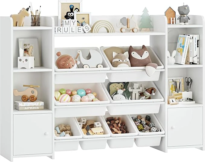 FOREHILL Meuble de Rangement Jouets Enfant Bibliothèque Enfant avec 8 Boîtes Amovibles 9 Étagères Organisateur de Jouets pour Chambre d’Enfant Salle de Jeu Blanc
