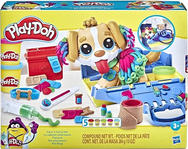 Play-Doh, Coffret Le Cabinet vétérinaire avec Chien, Mallette avec Rangement, Multicolore, 10 Outils et 5 Pots de pâte à Modeler atoxique, pour Enfants dès 3 Ans