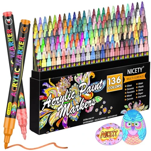 NICETY 136 Feutre Acrylique Peinture stylo - marqueur peinture acrylique Verre pour Bois, Toile, Verre, Céramique - Acrylic Paint Marker à base d'eau à 0,7 mm Extra Pointe Fine